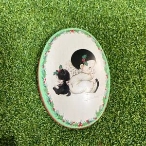 Vintage 80s Enesco Christmas Theme Black Cat and Child Tin Container